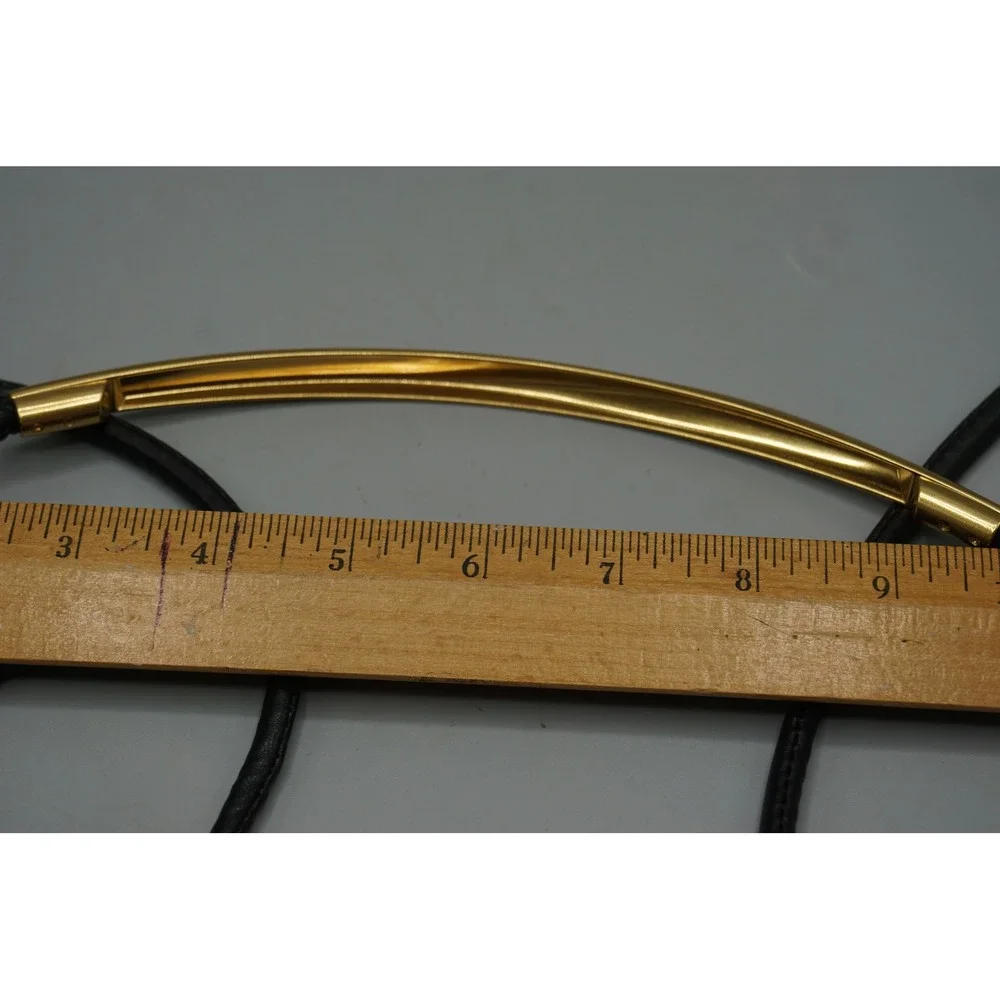 Minimalist Black Cord Wrap Belt Gold Tone Curved Bar Lariat Necklace 87 Inch